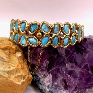 Rough Cut Turquoise Gold Over Sterling Silver Vintage Hinged Bangle Bracelet J79